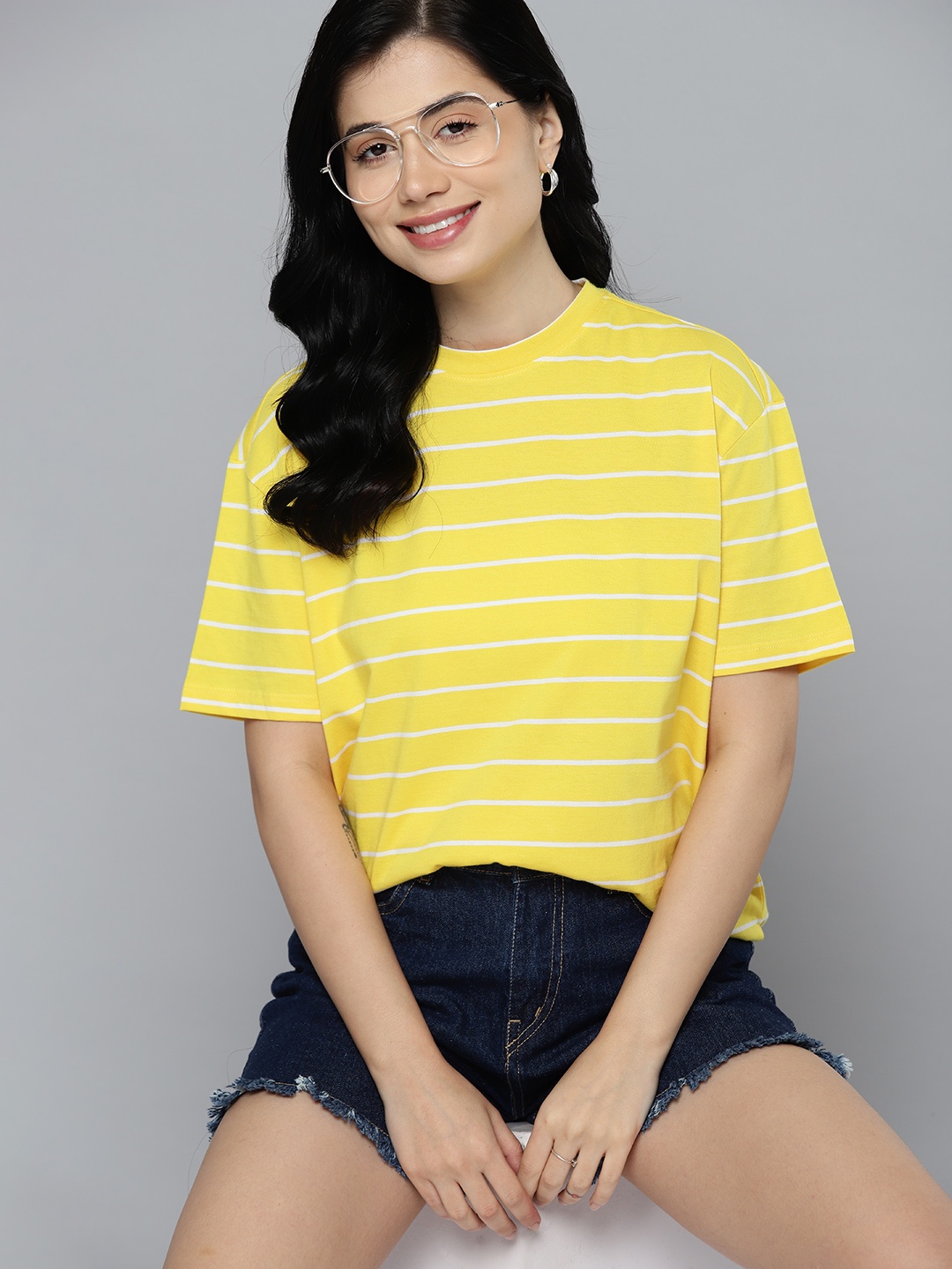 

Mast & Harbour Striped Drop-Shoulder Sleeves T-shirt, Yellow