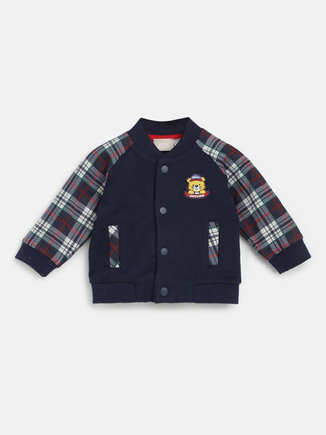

Chicco Infants Boys Checked Mandarin Collar Cotton Open Front Jacket, Blue