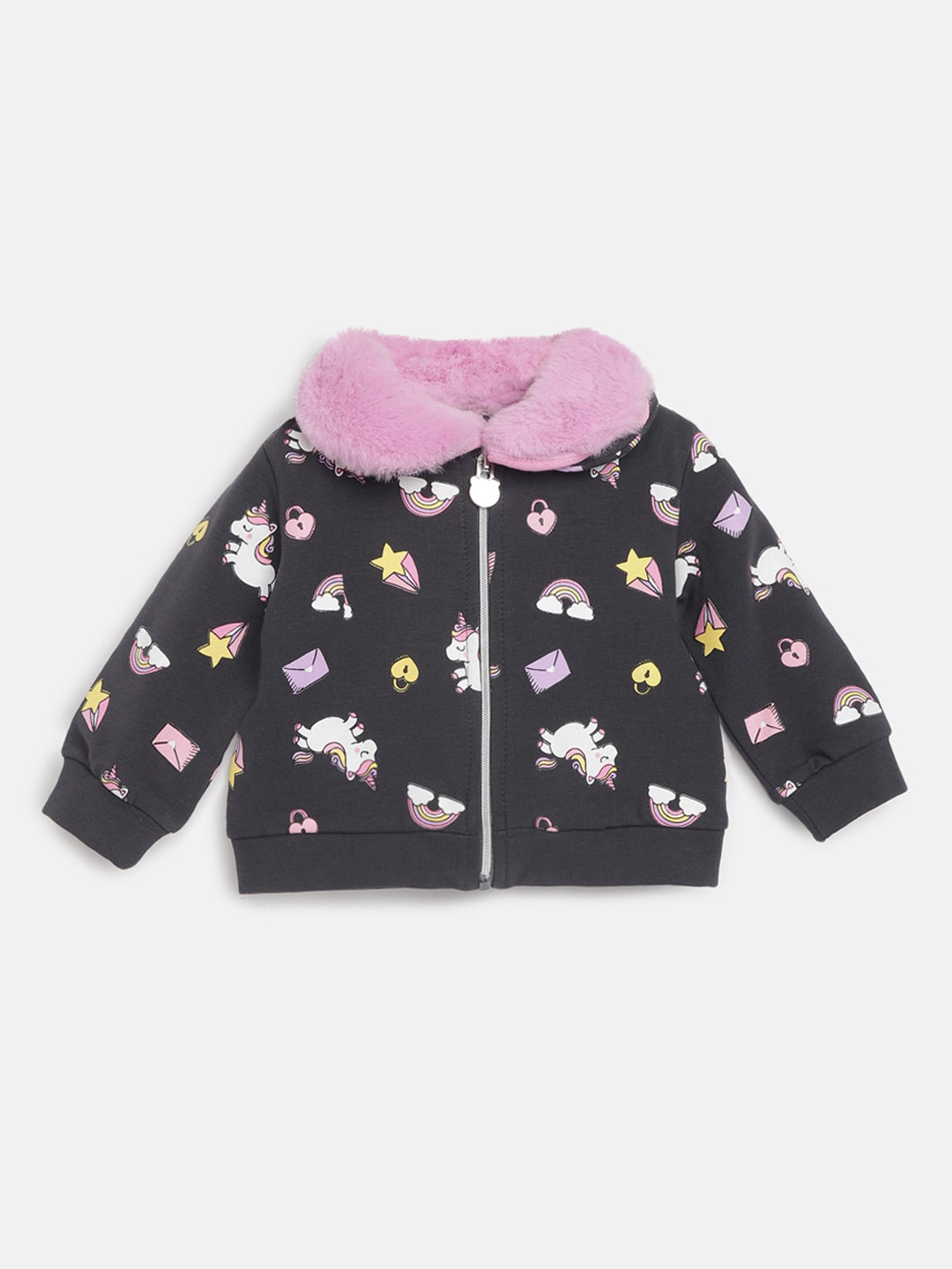 

Chicco Infants Girls Conversational Printed Faux Fur Trim Cotton Open Front Jacket, Grey