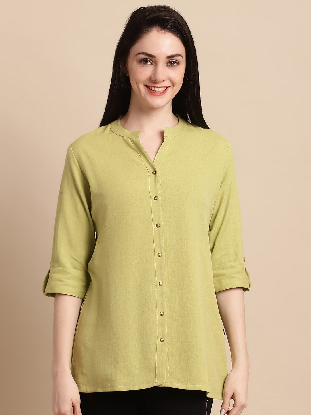 

Pistaa Mandarin Collar Roll-Ups Sleeves Pure Cotton Kurti, Green