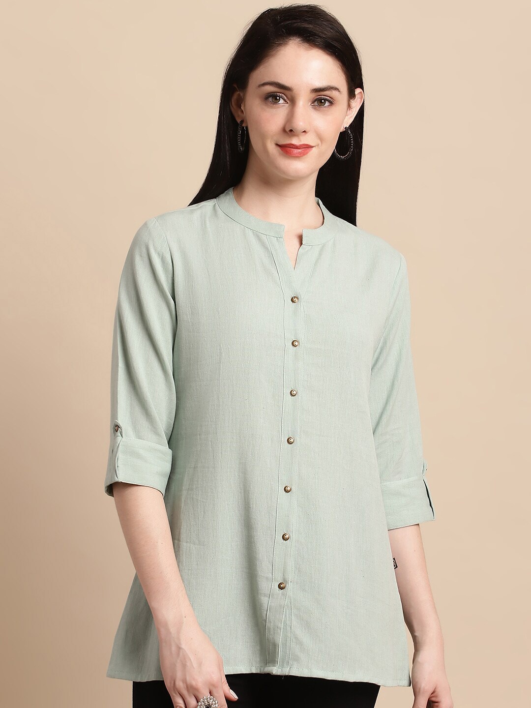 

Pistaa Mandarin Collar Roll-Ups Sleeves Pure Cotton Kurti, Green