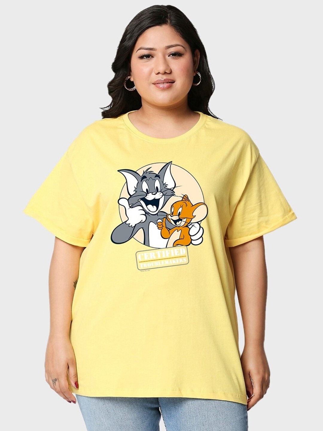 

Bewakoof Plus Plus Size Tom & Jerry Printed Pure Cotton T-shirt, Yellow