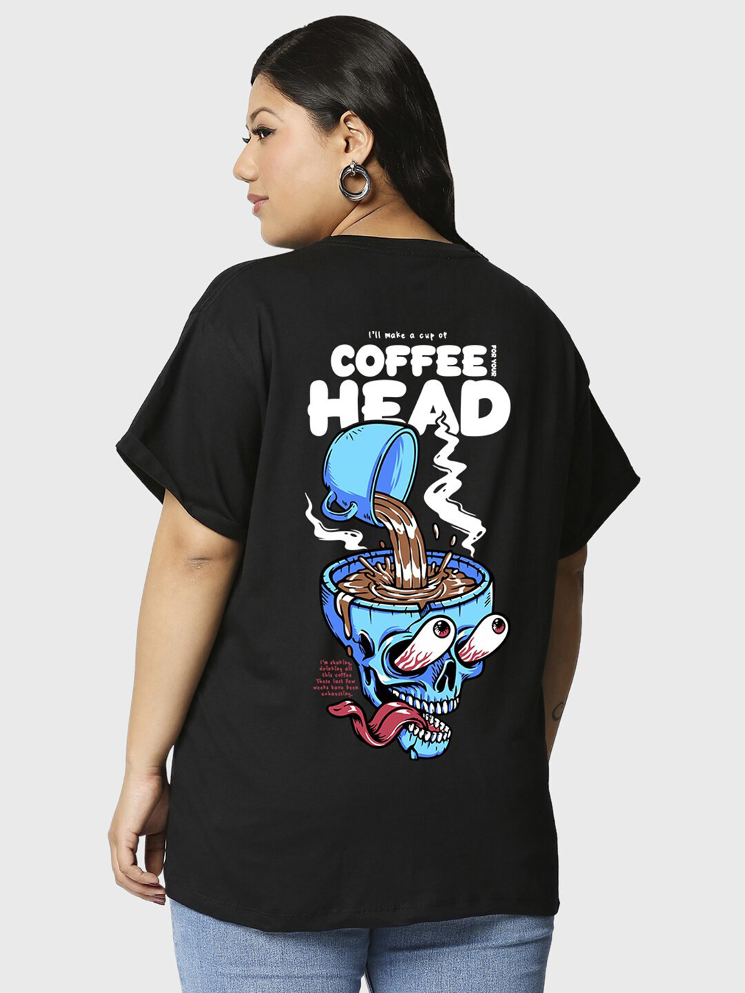 

Bewakoof Plus Coffee Head Graphic Printed Pure Cotton Oversized T-shirt, Black