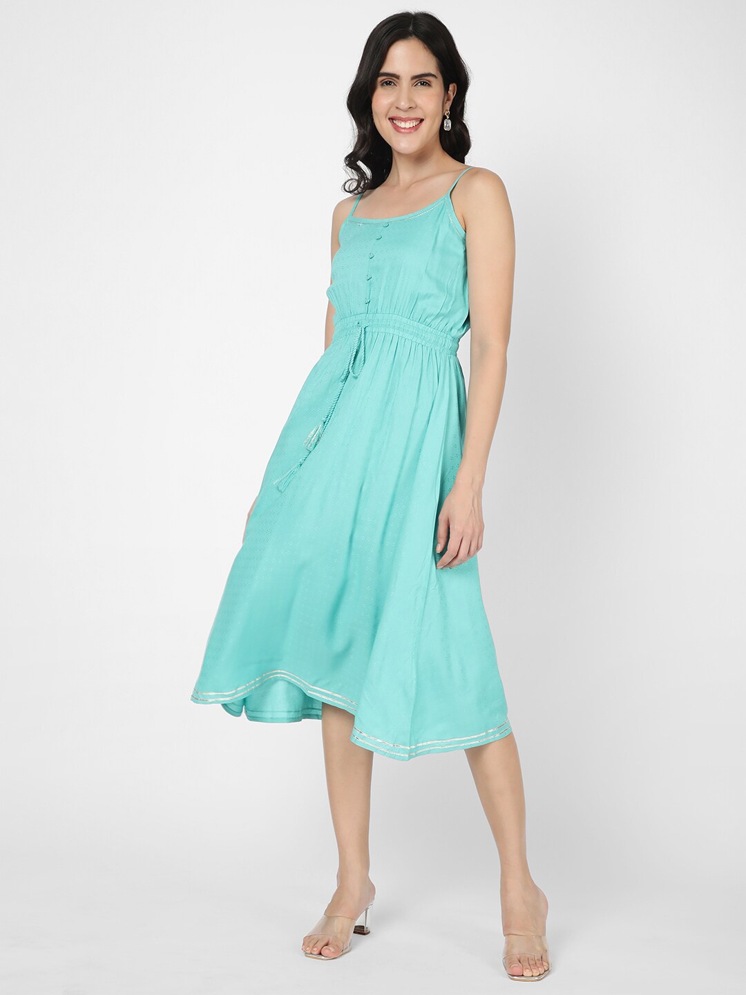 

R&B Self Design Gathered & Pleated Shoulder Strap Fit & Flare Dress, Turquoise blue