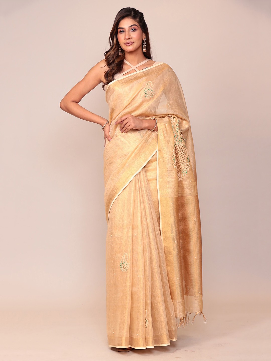 

ZARI Floral Embroidered Zari Jaipur Tussar Silk Zari Saree, Green
