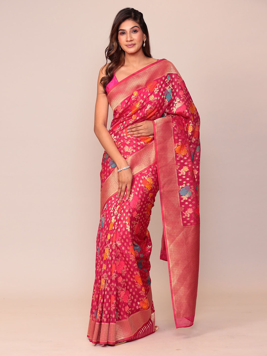 

ZARI Floral Woven Design Chanderi Silk Banarasi Saree, Pink