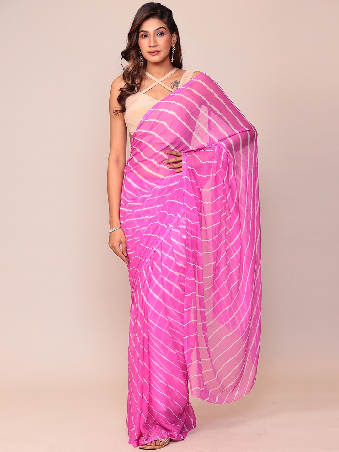 

ZARI Leheriya Printed Chiffon Saree, Pink