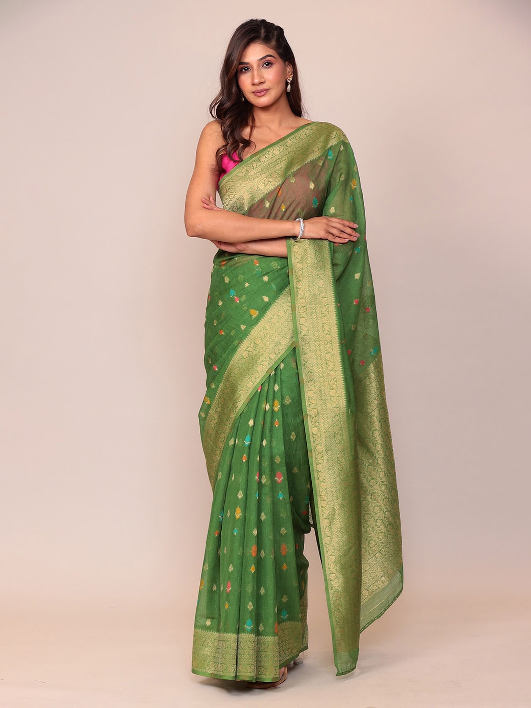 

ZARI Woven Design Poly Silk Banarasi Saree, Green