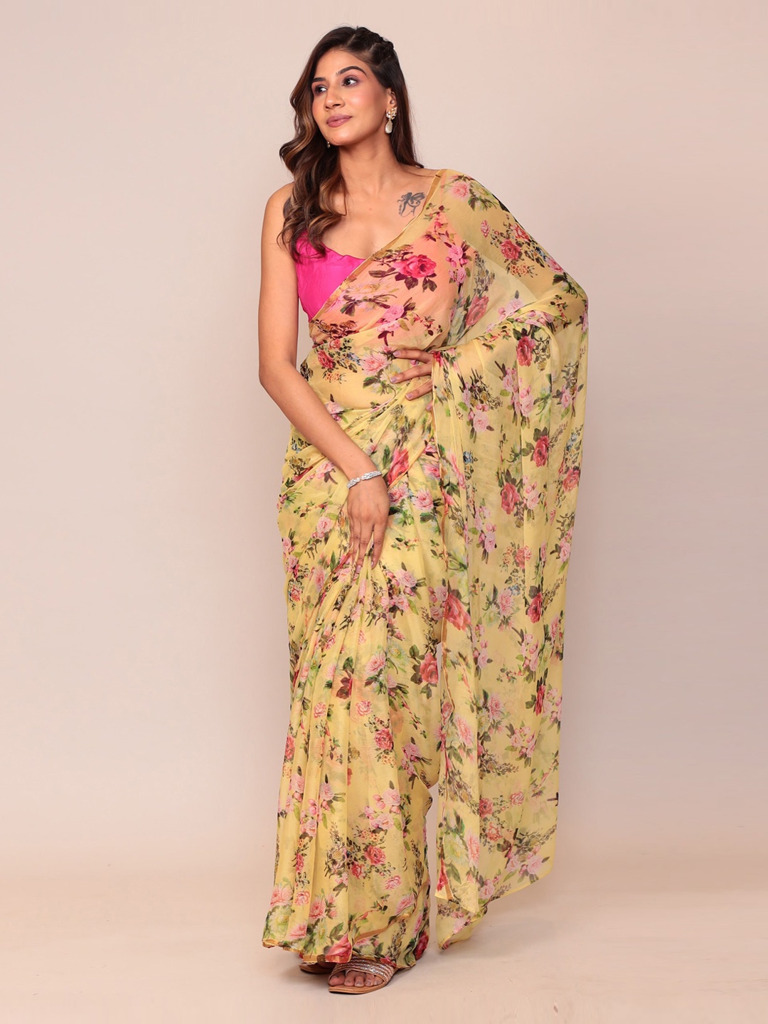 

ZARI Floral Printed Pure Chiffon Saree, Yellow