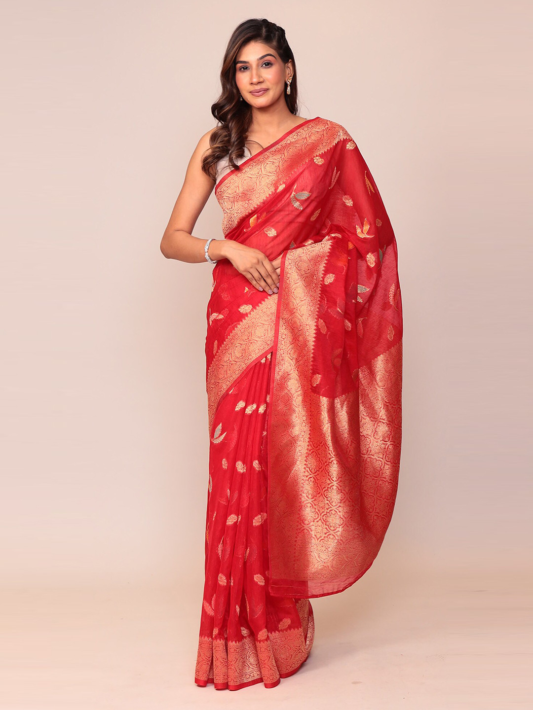 

ZARI Floral Woven Design Zari Banarasi Saree, Red