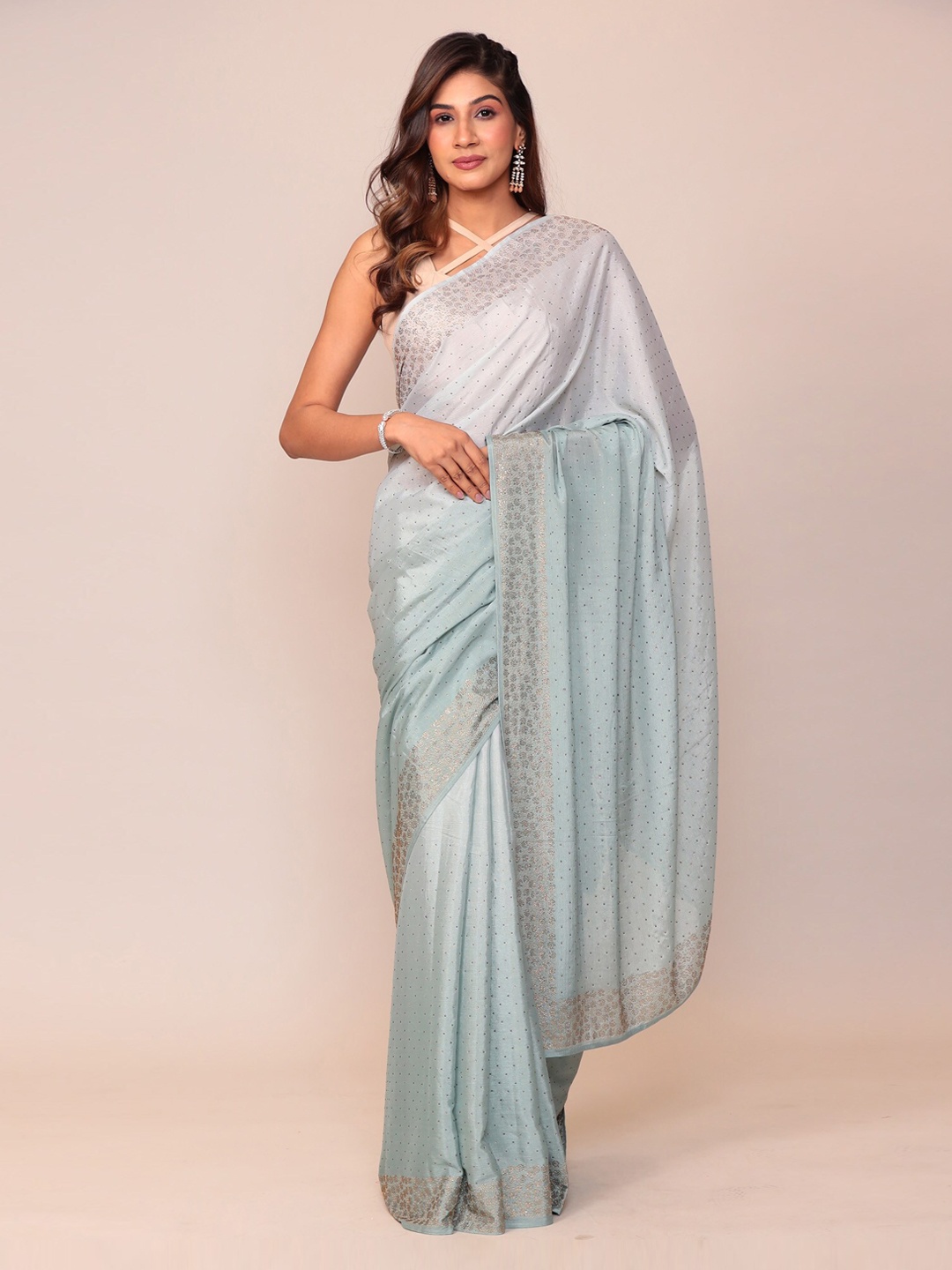 

ZARI Beads & Stones Embellished Pure Chiffon Saree, Blue