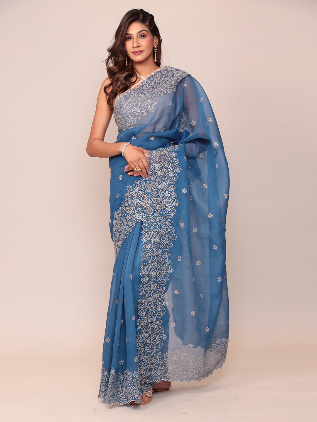 

ZARI Floral Embroidered Organza Saree, Teal
