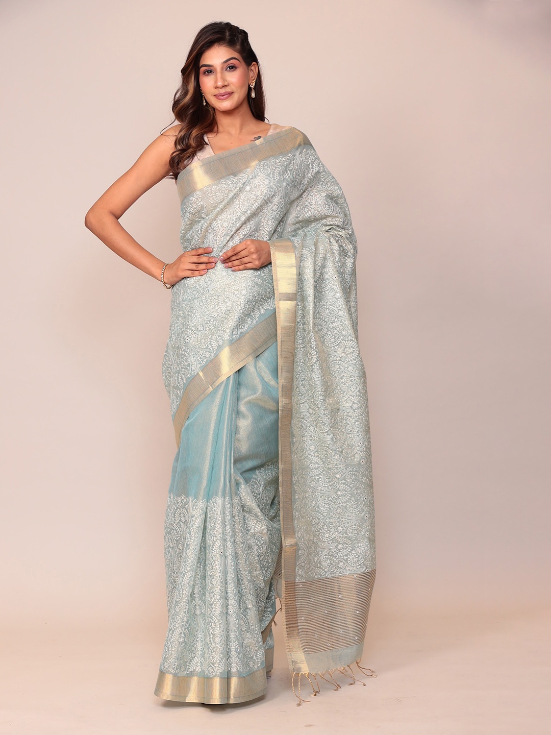 

ZARI Ethnic Motifs Embroidered Zari Saree, Blue