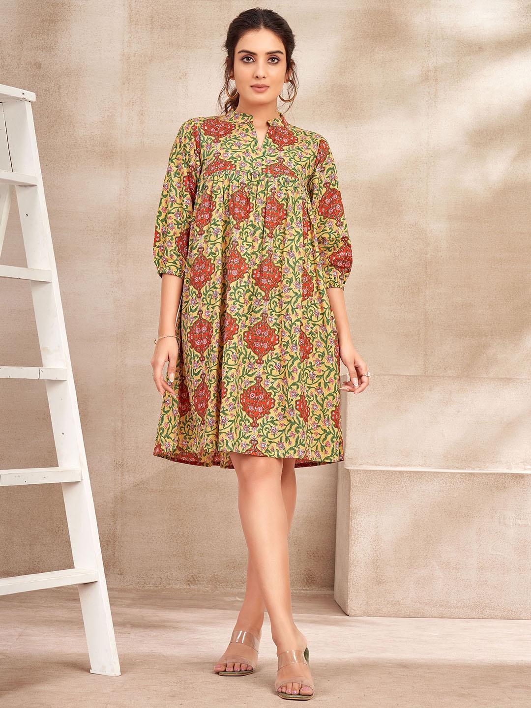 

DRESOUL Ethnic Motifs Printed Puff Sleeves Gathered Cotton A-Line Dress, Yellow