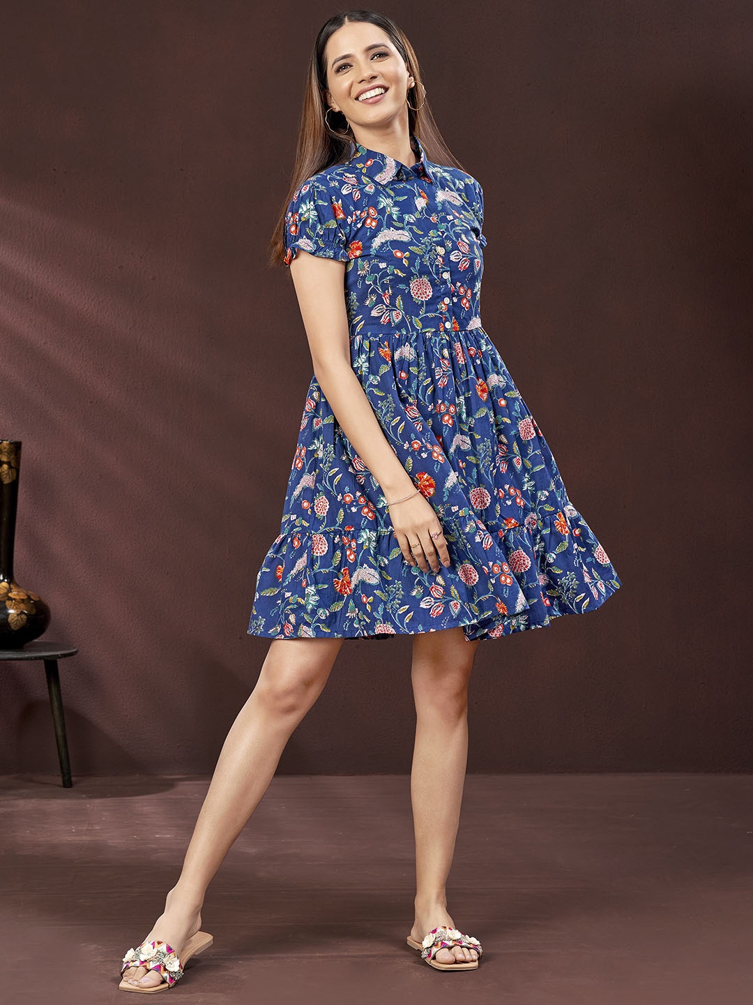 

DRESOUL Floral Printed Shirt Collar Gathered Cotton Fit & Flare Dress, Blue