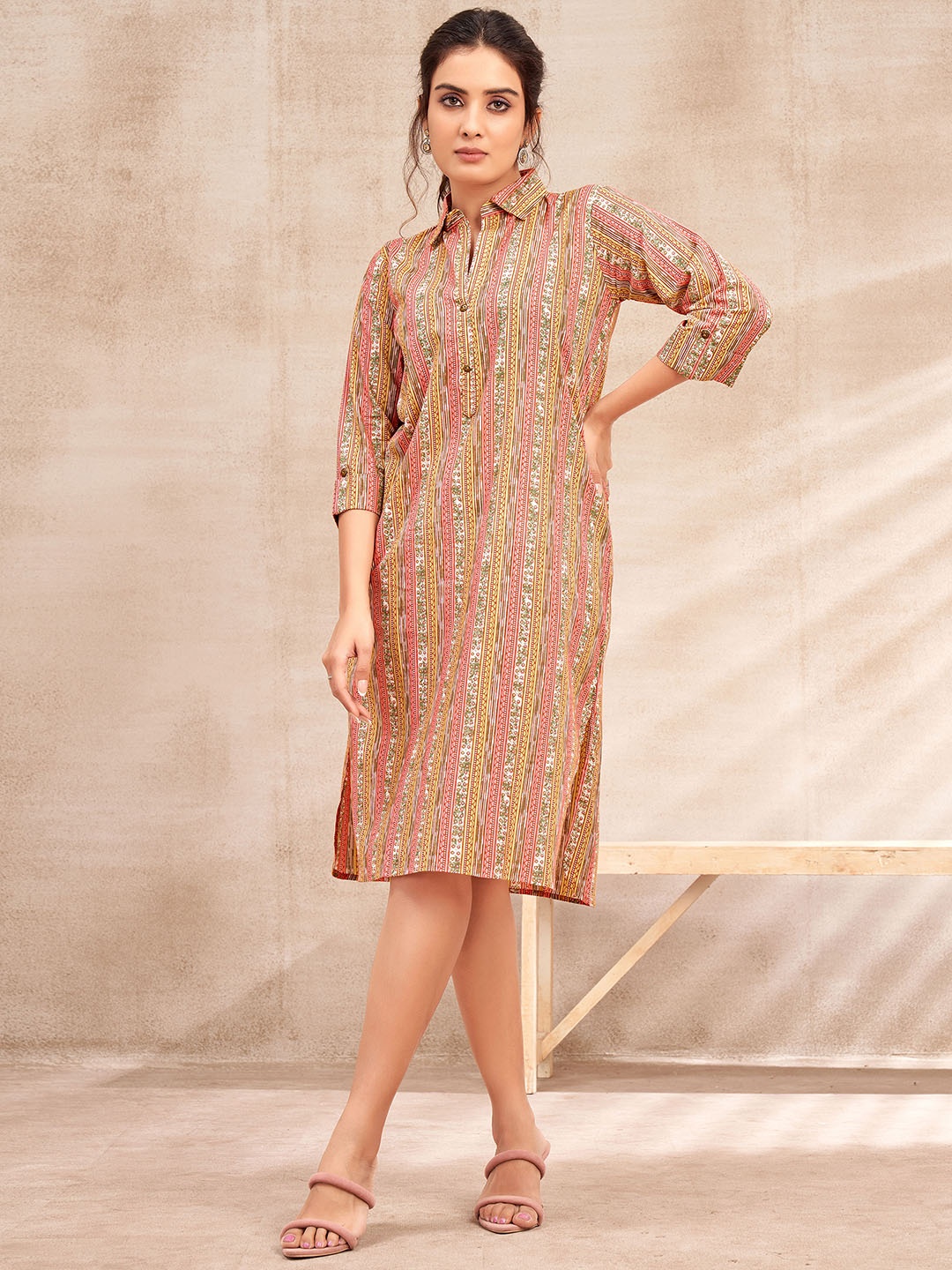 

DRESOUL Floral Printed Shirt Collar Cotton Shirt Dress, Yellow