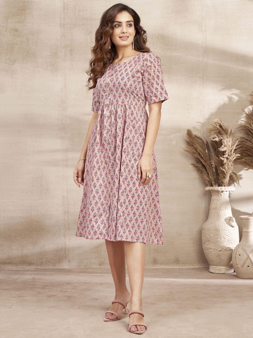 

DRESOUL Floral Printed Gathered Cotton A-Line Dress, Beige