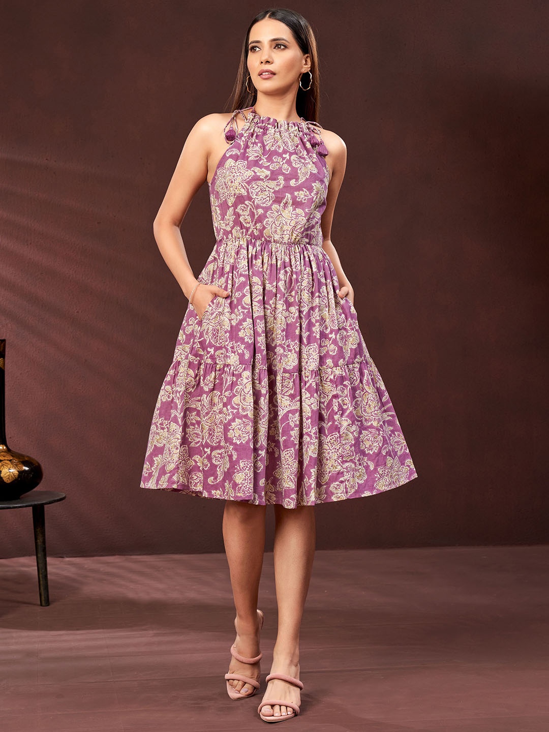 

DRESOUL Floral Printed Halter Neck Gathered Cotton Fit & Flare Dress, Purple