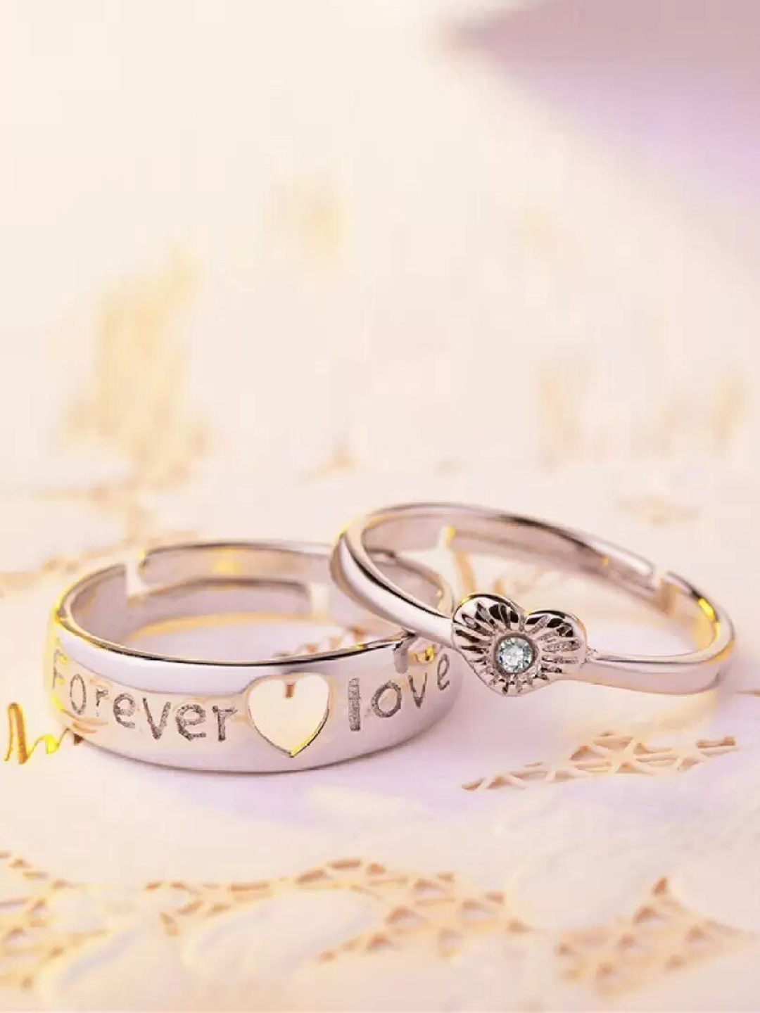 

KARISHMA KREATIONS Unisex Set Of 2 Silver-Plated & American Diamond -Studded Couple Rings