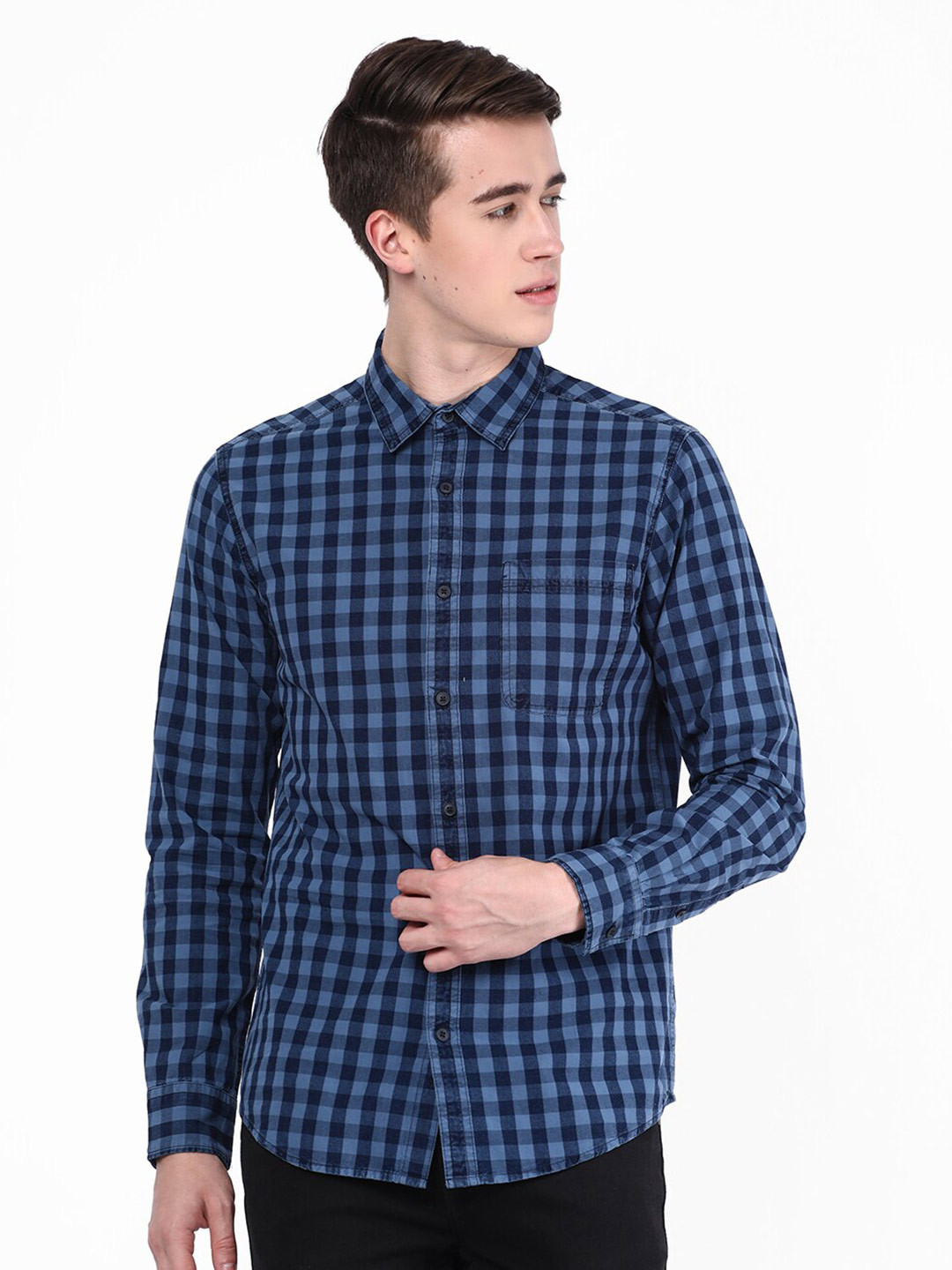 

R&B Checked Spread Collar Regular Fit Cotton Casual Shirt, Blue