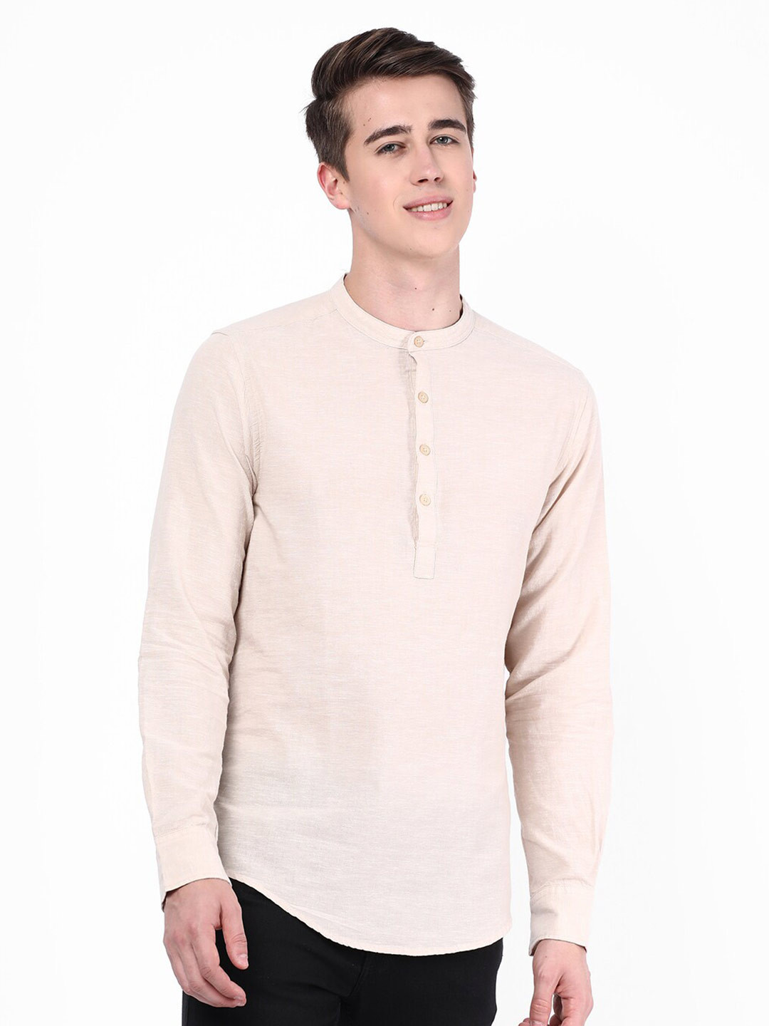

R&B Mandarin Collar Regular Fit Cotton Casual Shirt, Beige