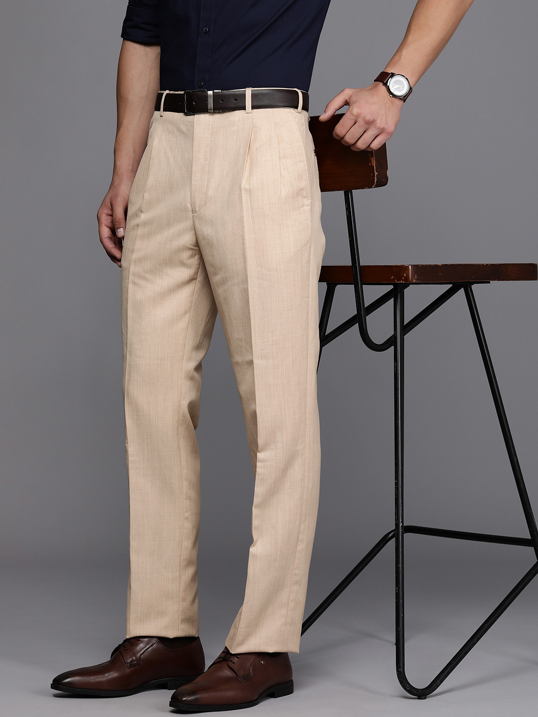 

Raymond Men Classic Pleated Formal Trousers, Beige
