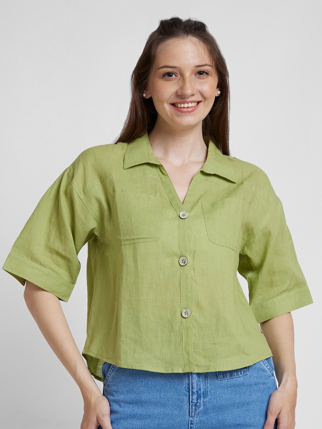 

SPYKAR Classic Boxy Fit Opaque Linen Casual Shirt, Green