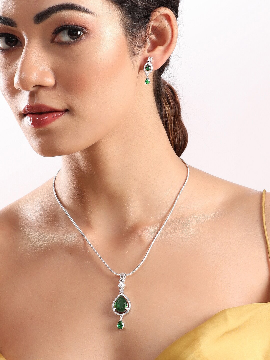 

Rubans Rhodium-Plated CZ-Studded Jewellery Set, Silver