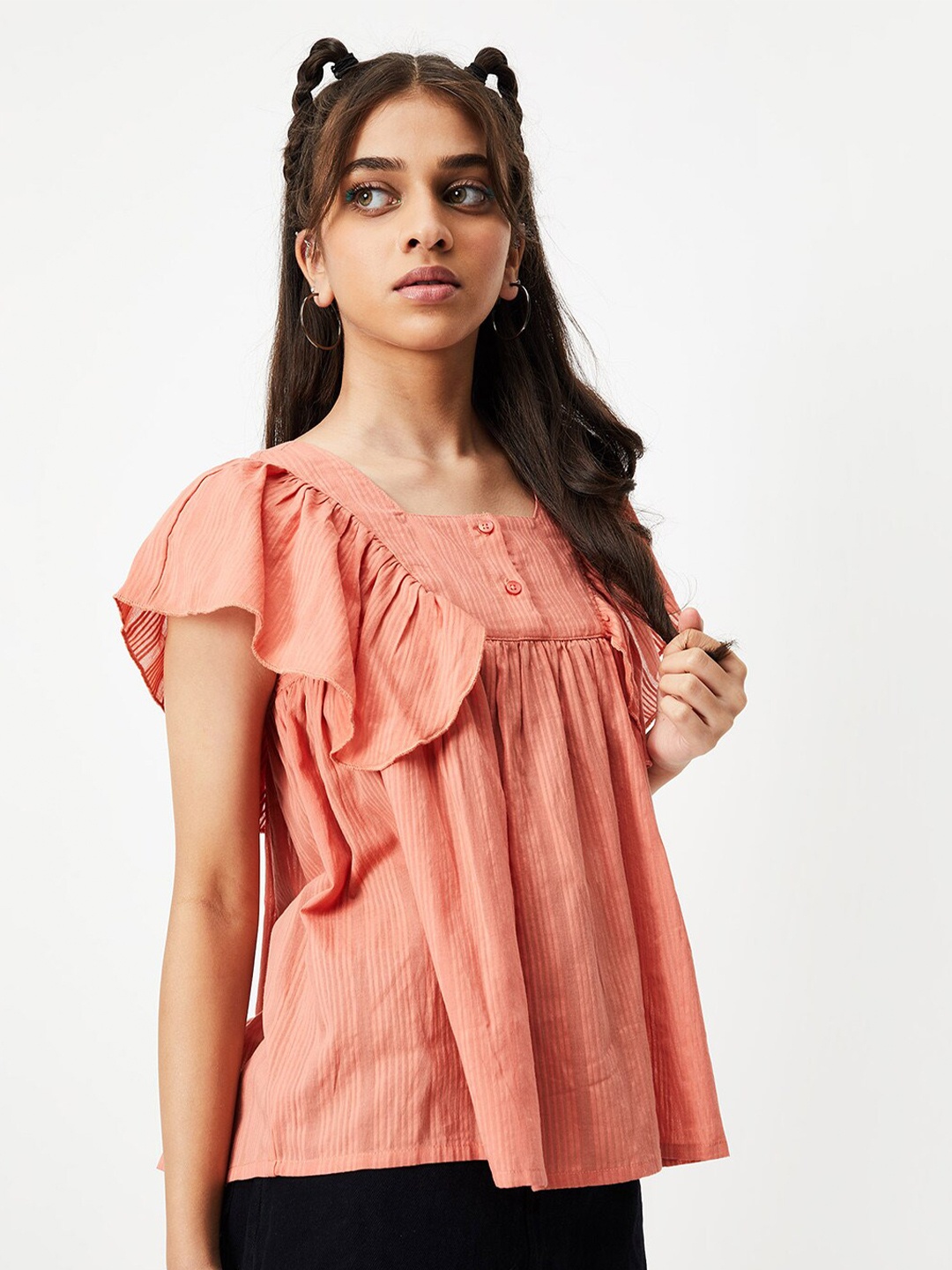 

max Girls Striped Square Neck Cotton Top, Peach