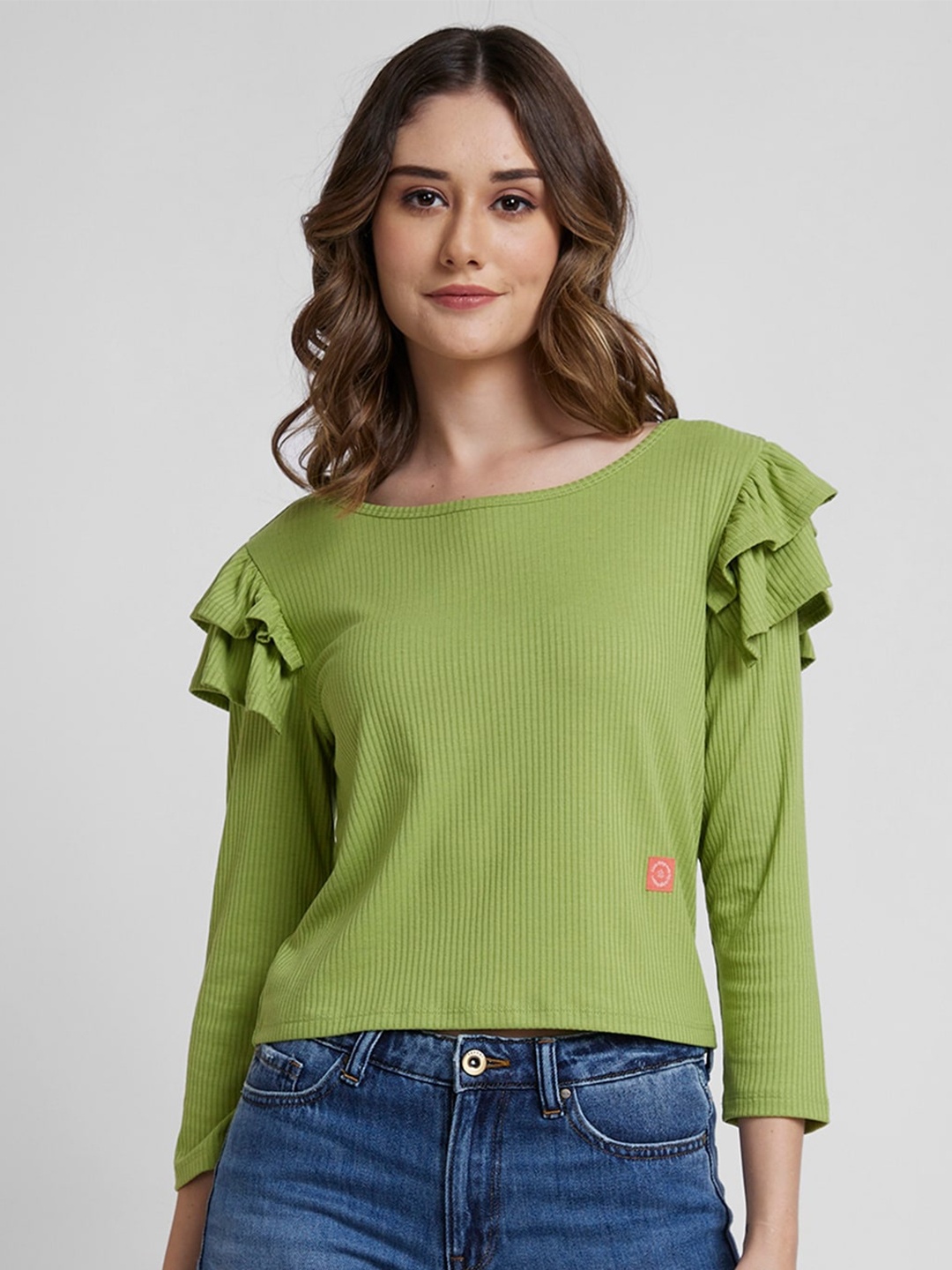 

SPYKAR Round Neck Ruffles Crop Top, Green