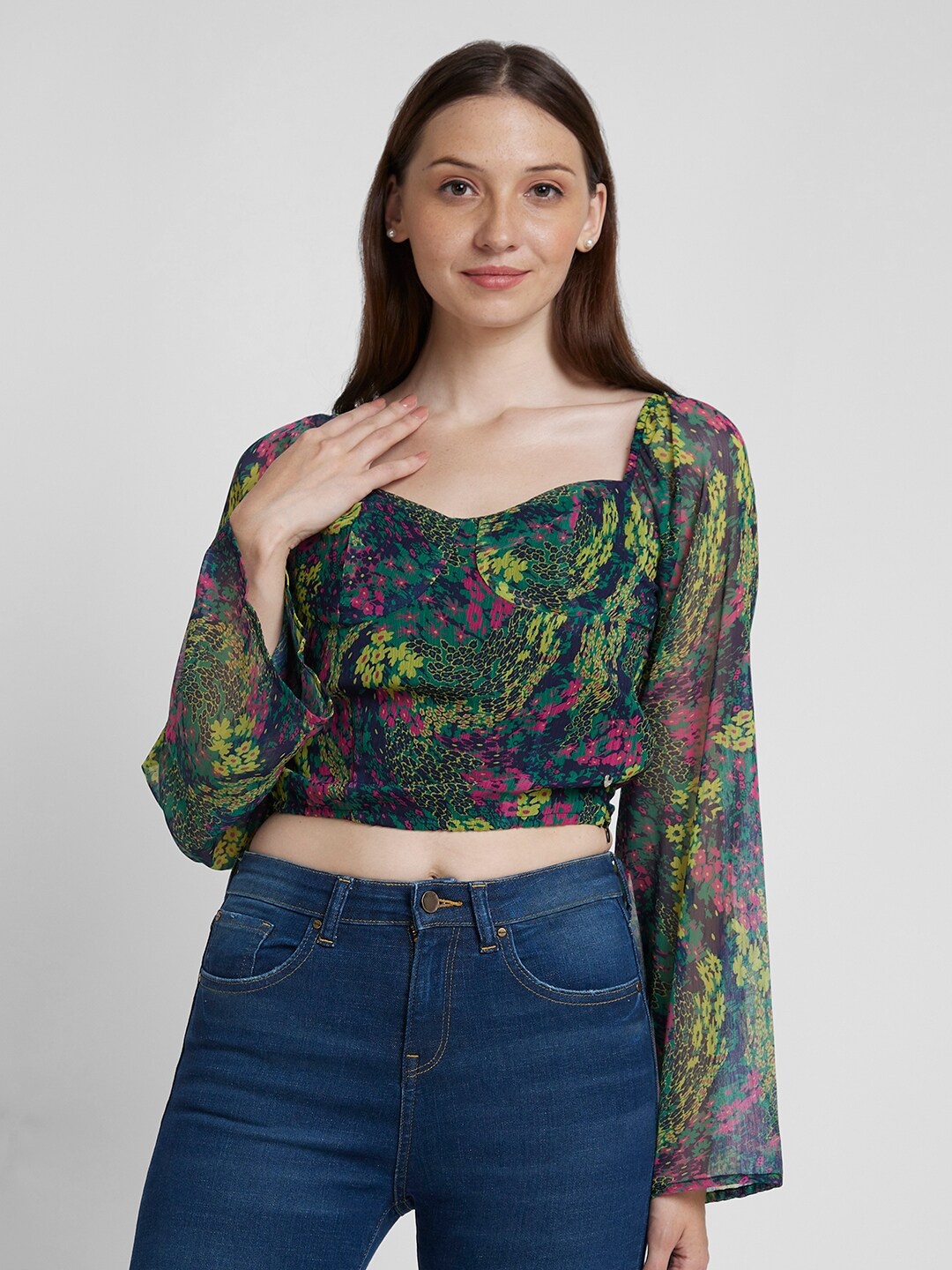 

SPYKAR Floral Printed Sweetheart Neck Puff Sleeves Cotton Crop Top, Green