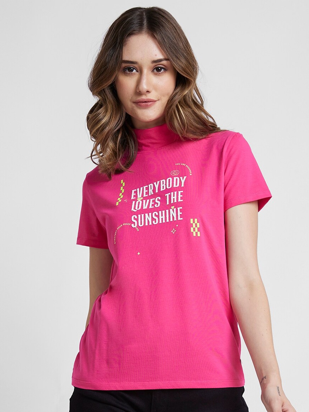 

SPYKAR Typography Printed High Neck Cotton T-shirt, Pink