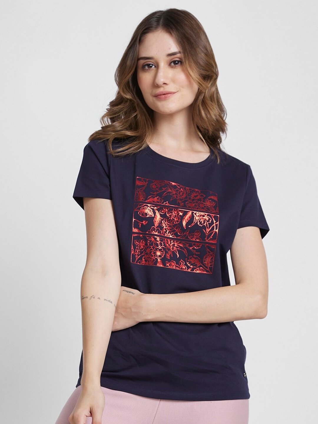 

SPYKAR Floral Printed Cotton T-shirt, Blue