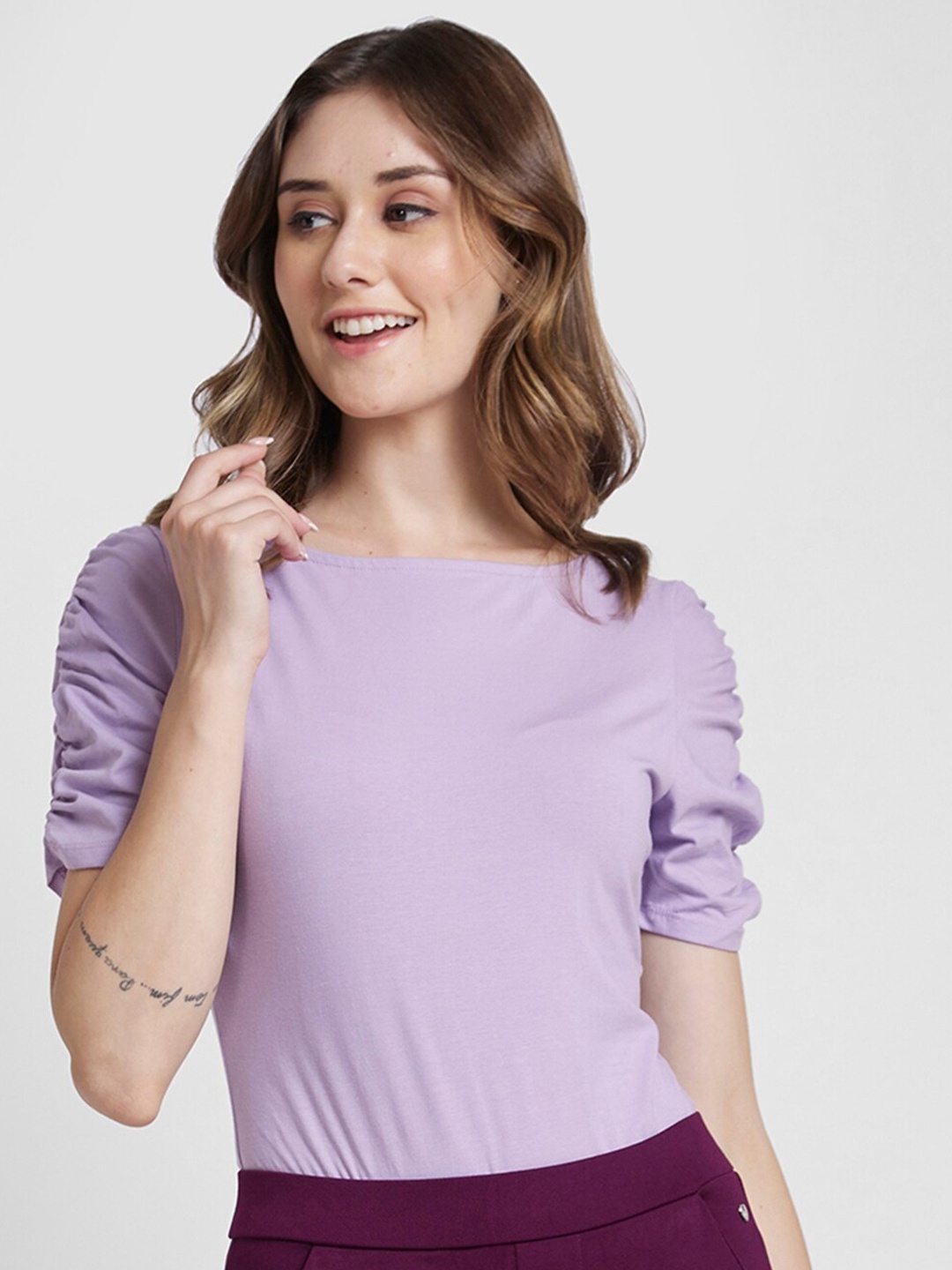 

SPYKAR Boat Neck Ruched Cotton Top, Purple