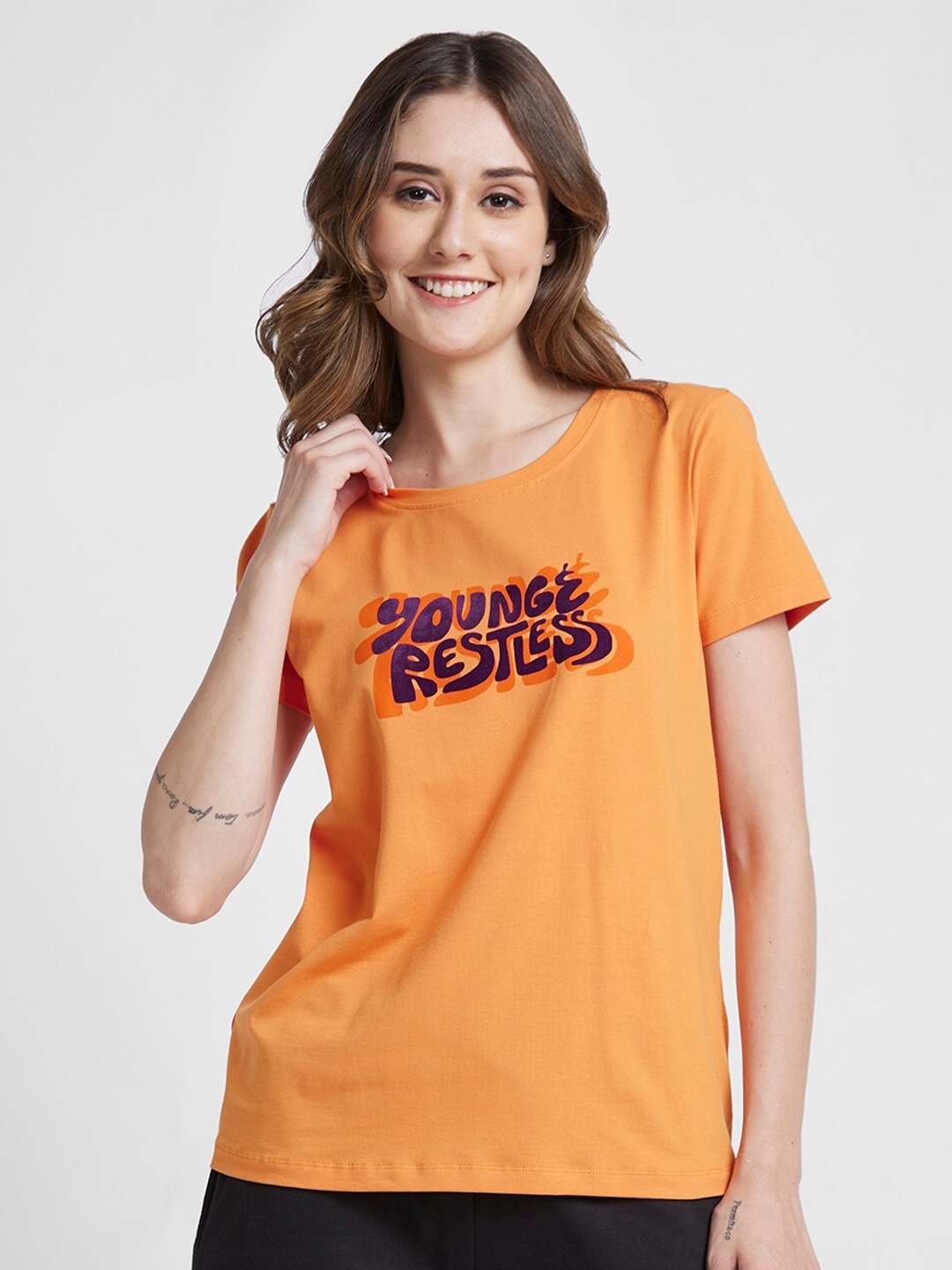 

SPYKAR Typography Printed Cotton T-Shirt, Orange