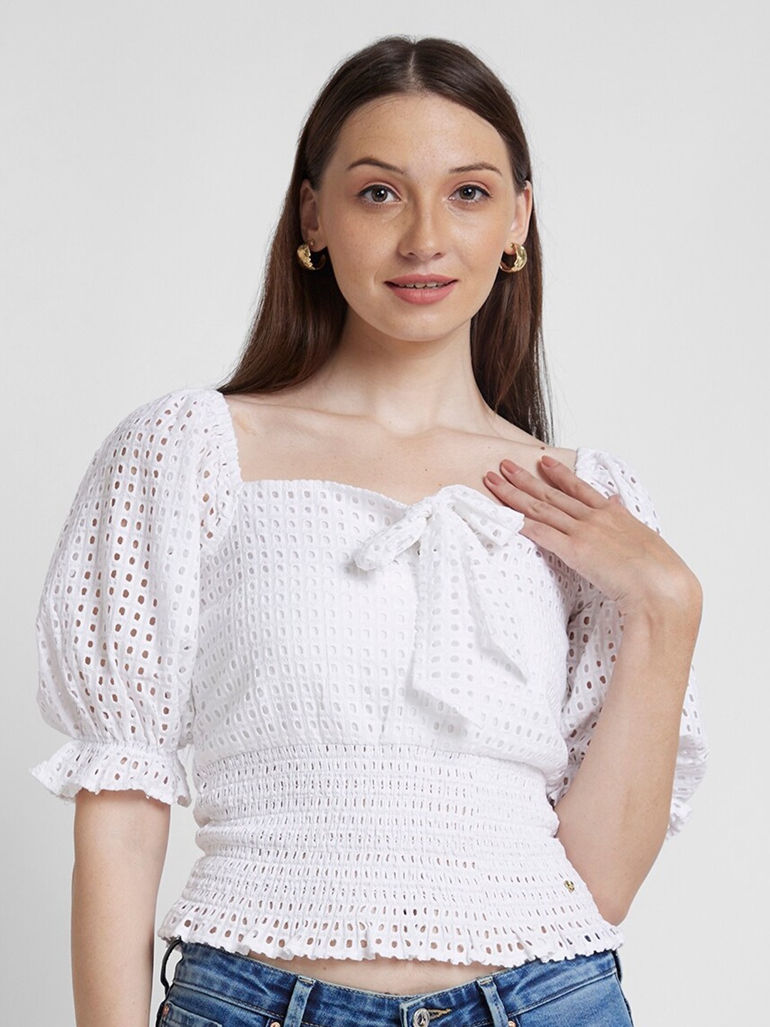 

SPYKAR Sweetheart Neck Puff Sleeves Smocking Detail Schiffli Cotton Top, White