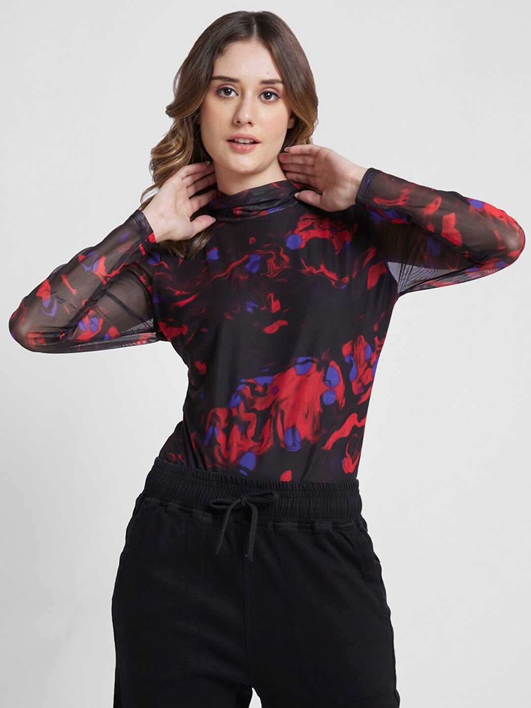 

SPYKAR Abstract Printed High Neck Top, Red