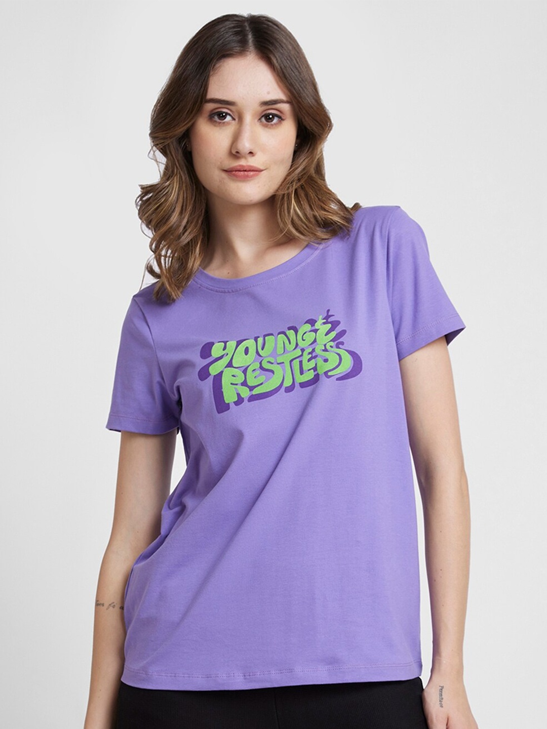 

SPYKAR Typography Printed Cotton T-shirt, Purple