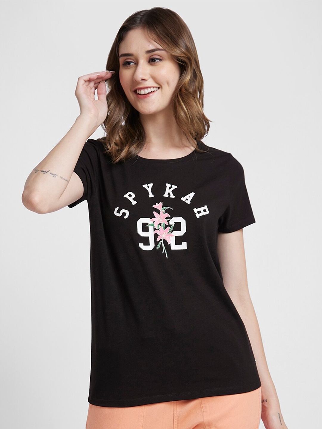 

SPYKAR Typography Printed Cotton T-Shirt, Black