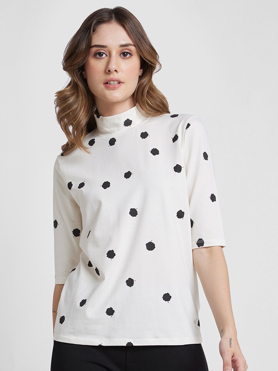 

SPYKAR Polka Dots Printed High Neck Cotton Top, White