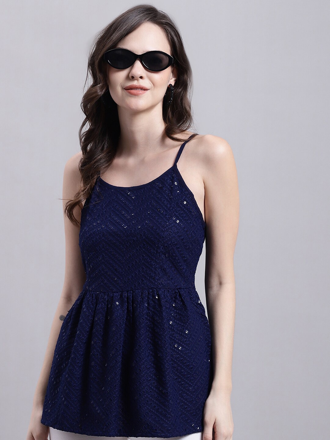 

JAINISH Shoulder Strap Embellished Peplum Top, Navy blue