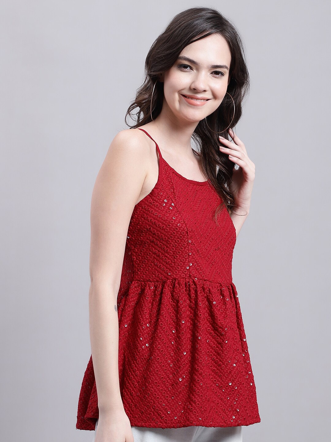 

JAINISH Shoulder Strap Embellished Peplum Top, Maroon