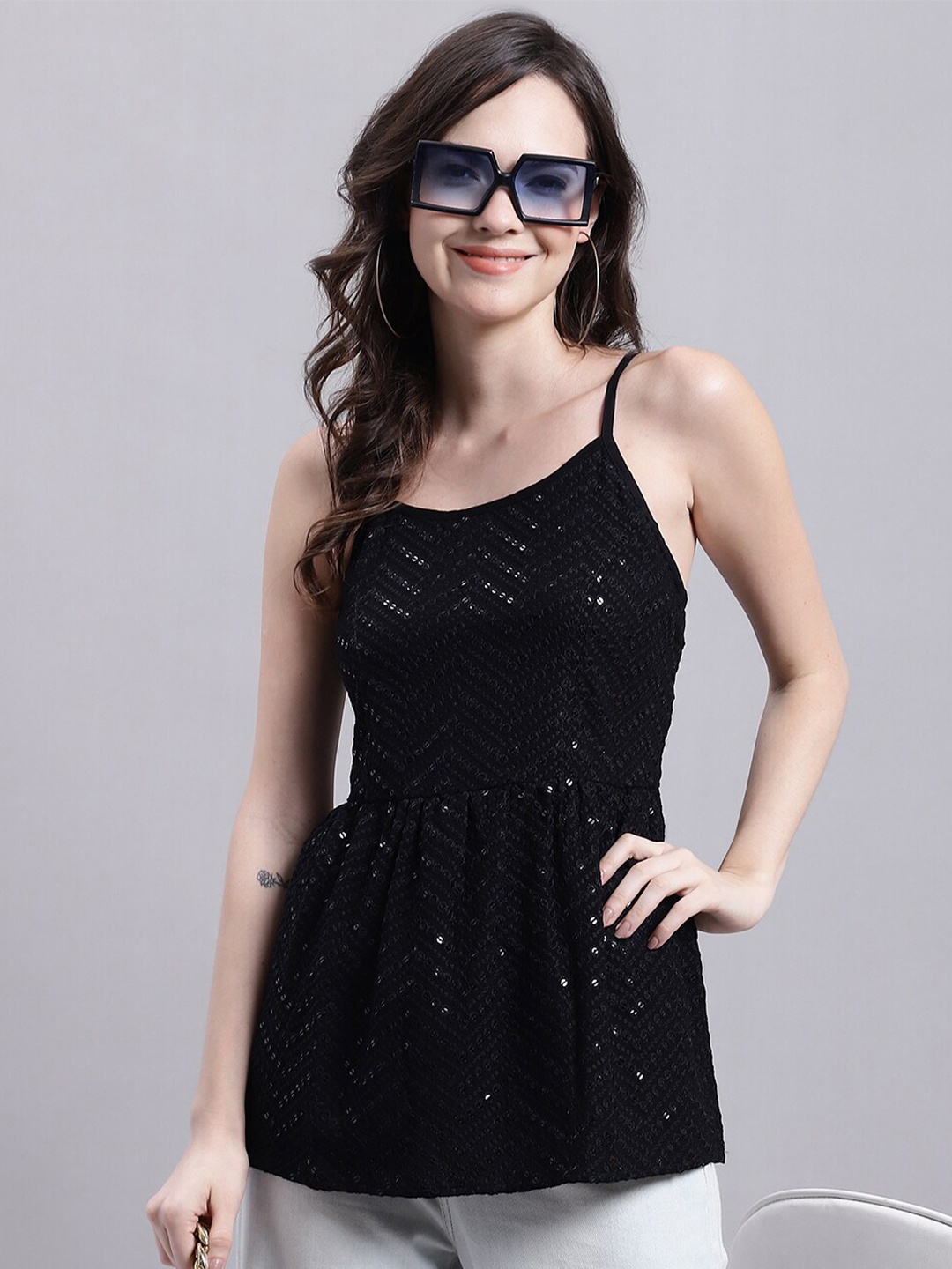 

JAINISH Sequinned Embroidered Shoulder Straps A-Line Top, Black