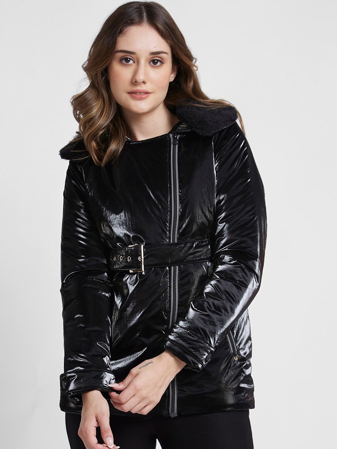 

SPYKAR Spread Collar Longline Quilted Jacket, Black