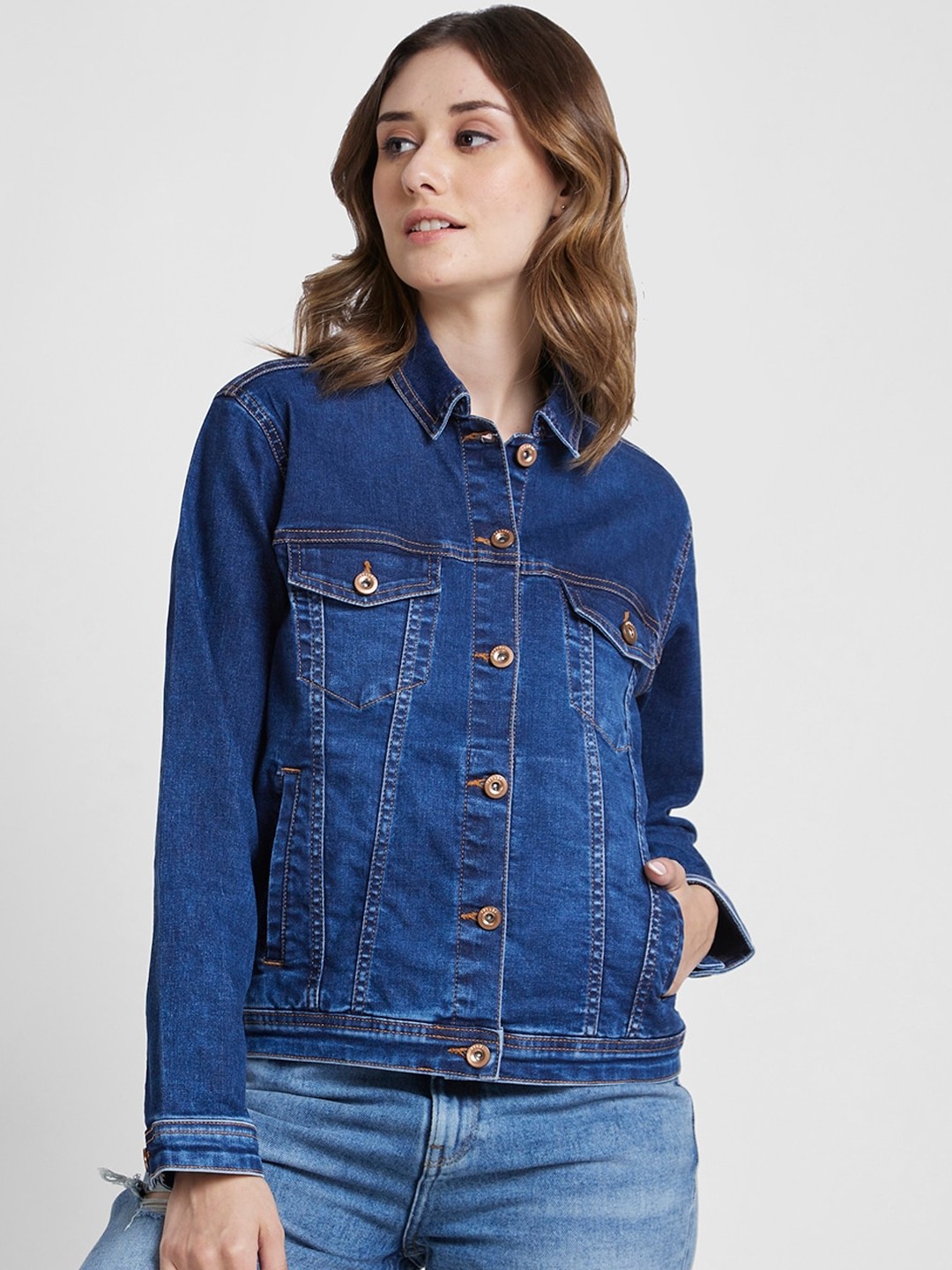 

SPYKAR Spread Collar Denim Jacket with Embroidered, Blue