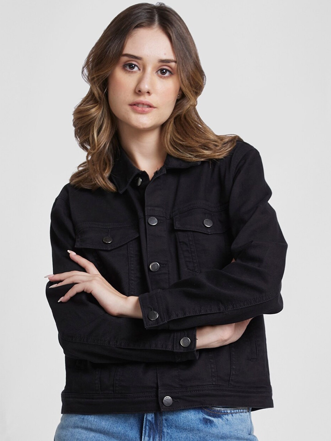 

SPYKAR Spread Collar Denim Jacket with Embroidered, Black
