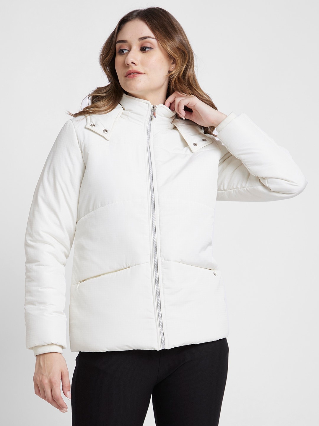 

SPYKAR Stand Collar Padded Jacket With Zip Detailing, White