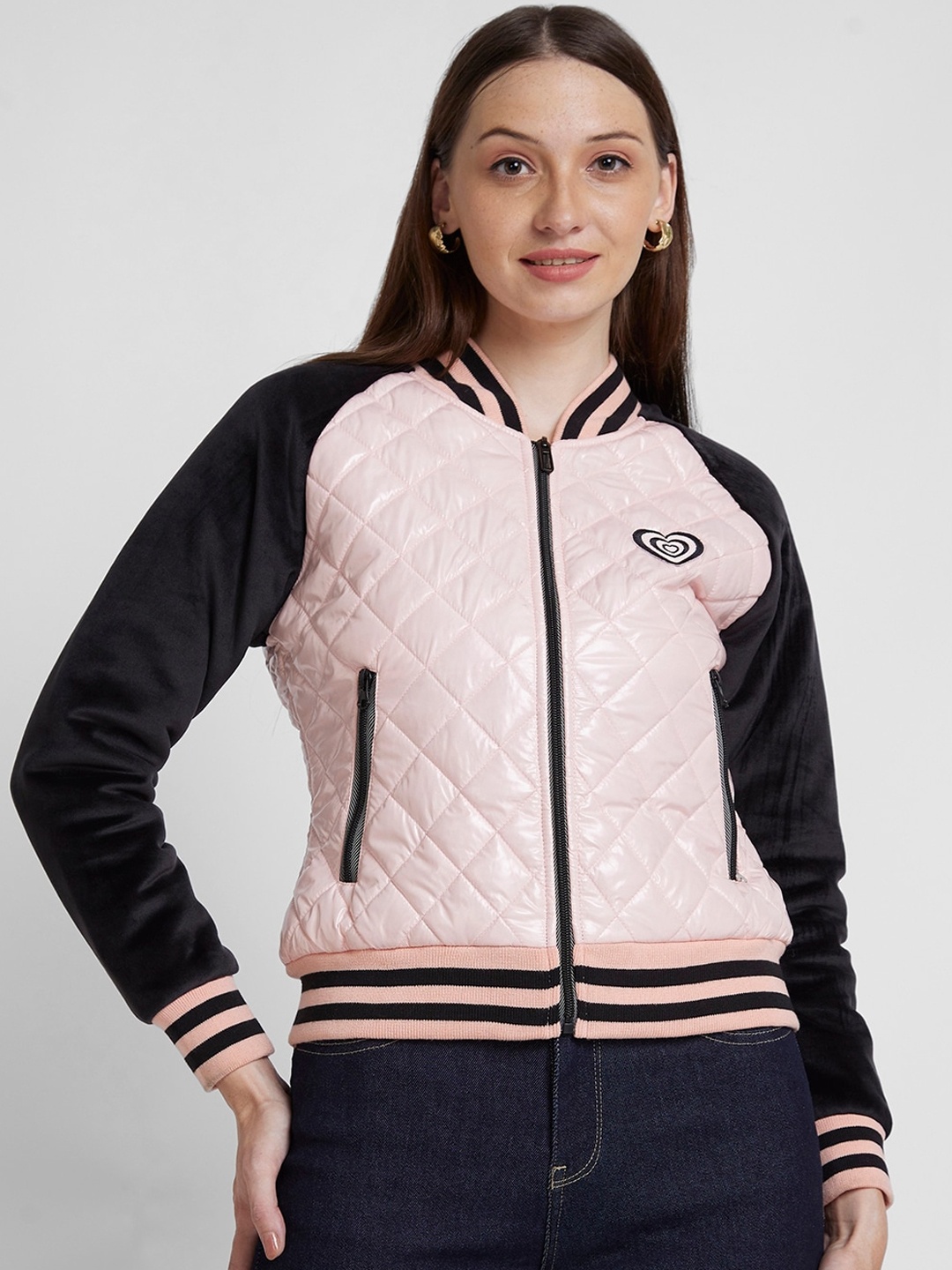 

SPYKAR Mock Collar Varsity Jacket with Embroidered, Pink