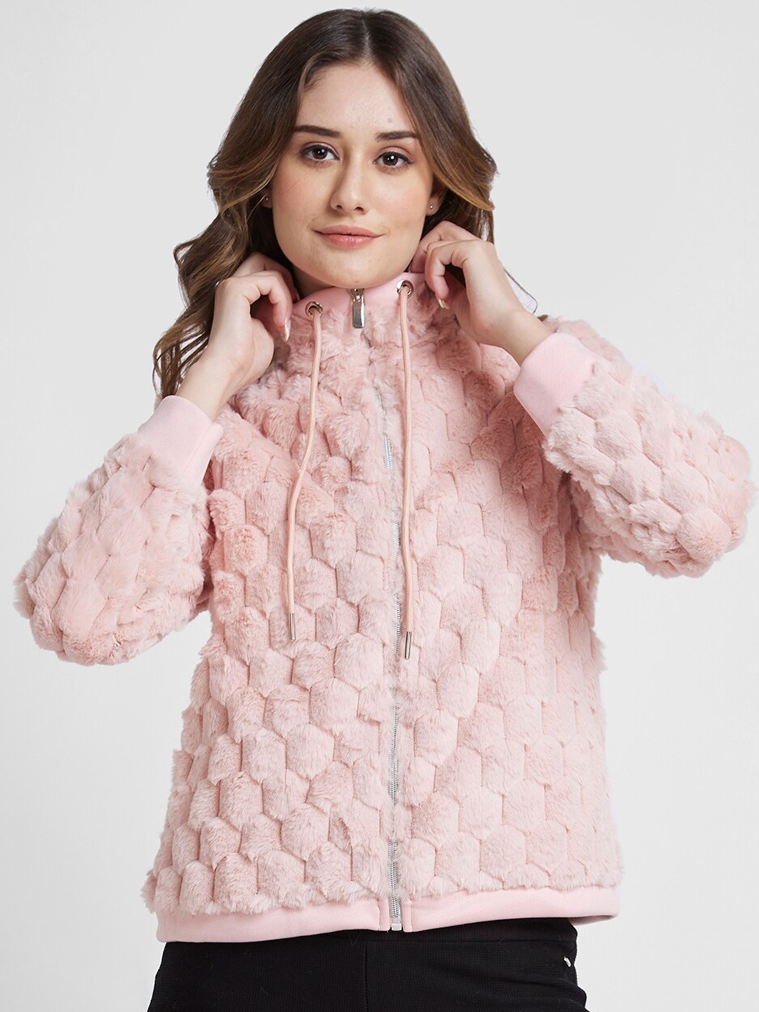 

SPYKAR Stand Collar Cotton Tailored Jacket With Faux Fur Trim, Pink