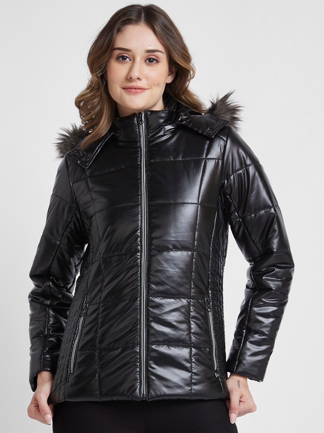 

SPYKAR Hooded Regular Quilted Jacket With With Faux Fur Trim, Black